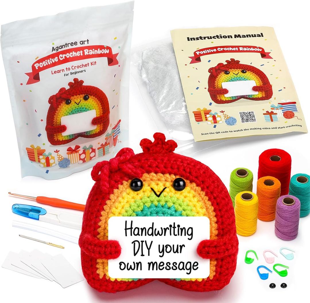 Agantree art Crochet Kit for Beginners Kids Teens Adults Rainbow Crochet Kits with Step-by-Step Video Tutorials, DIY Custom Gifts Birthday Birthday Craft for Girls Friends Women Men (40%+ Yarn)