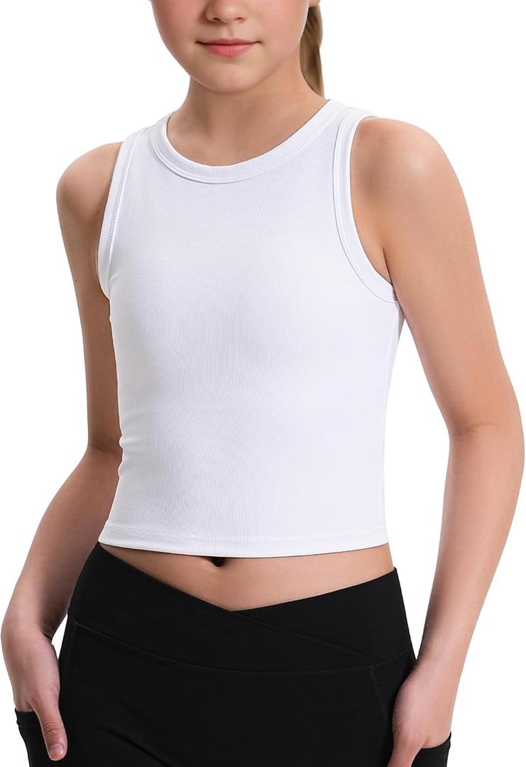 JOCMIC Girls Tank Tops Kids Athletic Tank Ribbed Knit High Neck Crop Tops for Gym Yoga White 13-14 Years