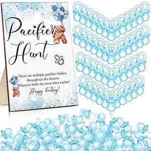 Roowest 51 Pcs Pacifier Hunt Baby Shower Game, Include Wooden Hunt Sign Bear Themed Baby Shower Sign Board with 50 Acrylic Pacifier Game for Gender Reveal Party(Blue)