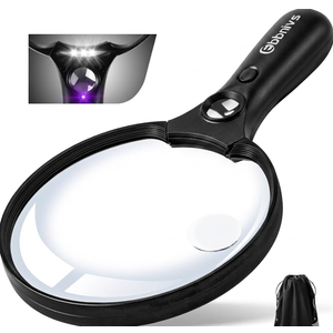 Large Magnifying Glass with Light, Magnifier Handheld Illuminated Lighted Magnifier with 3 LED Lights 1 UV Light Storage Bag Clean Cloth for Seniors Reading Inspection (Black)