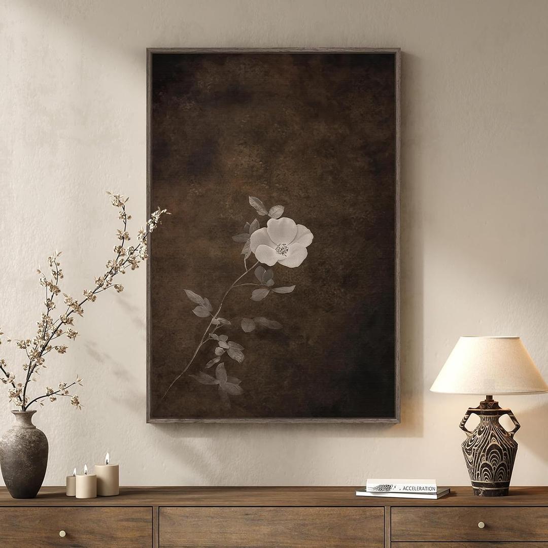 Framed Vintage Floral Vertical Wall Art, Moody Neutral Minimalist Botanical Canvas Artwork, Retro Rustic Brown Wabi Sabi Dark Flower Painting Prints for Living Room Bedroom Hallway Wall Decor, 24x36