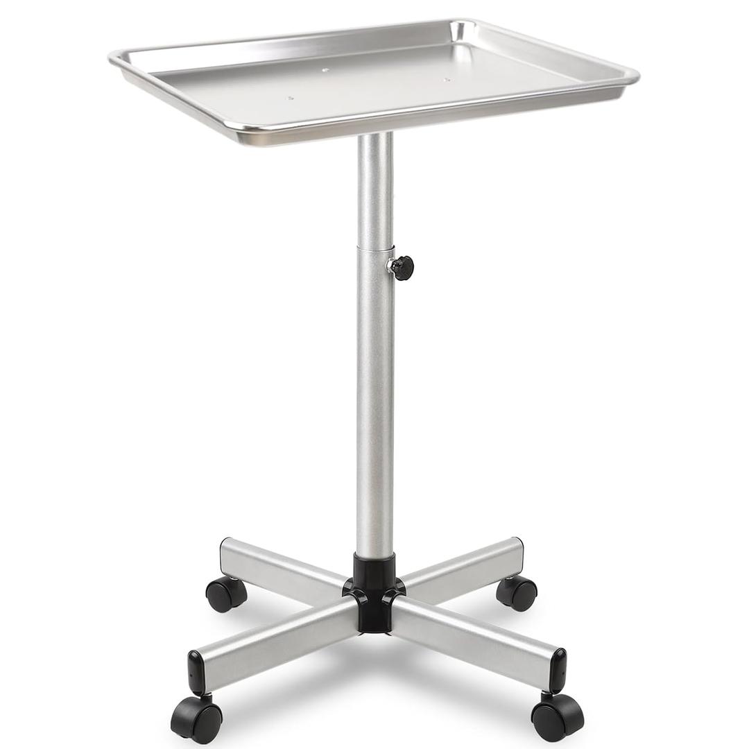 Salon Tray on Wheels, Salon Color Tray with Adjustable Height,Salon Rolling Tray Ideal Use As Metal Mayo Stand Tray,Tattoo Tray, Medical Tray, Dental Tray, Silver
