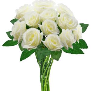 White Artificial Roses with Long Stems, 12Pcs Realistic Roses Artificial Flowers, Faux Roses | Bulk Fake Flowers for Home Decor, Wedding Party Table Centerpieces, DIY Bouquet