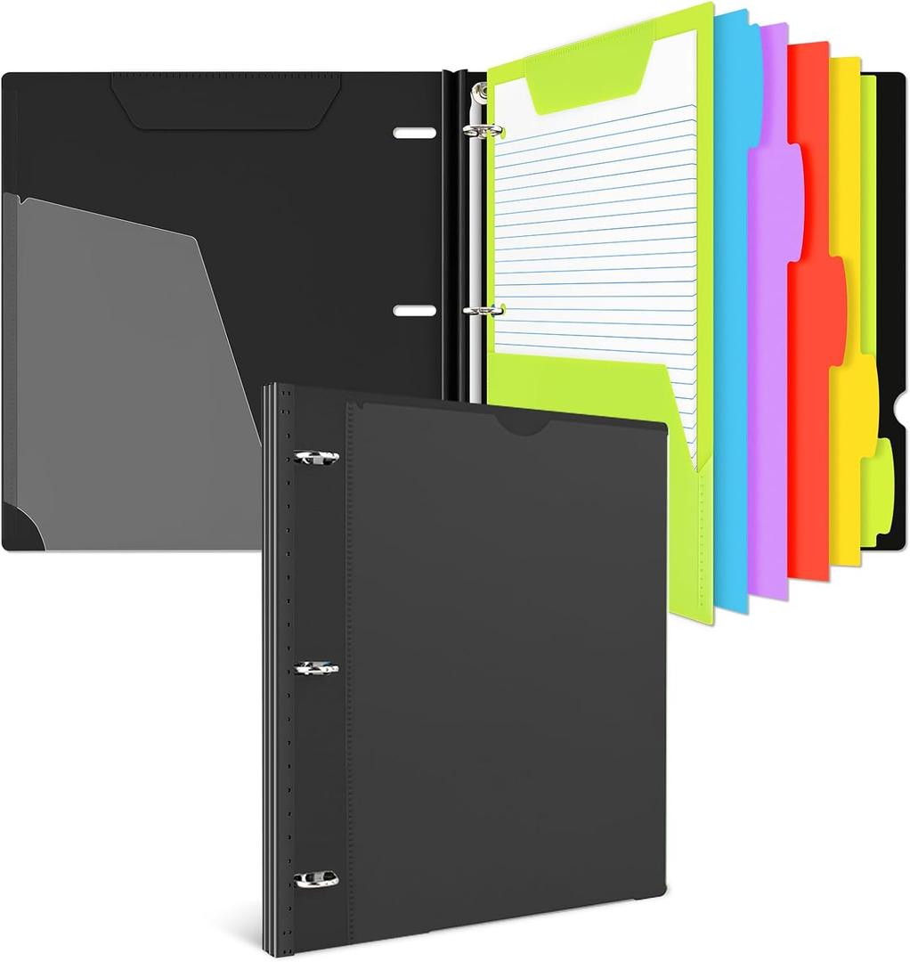 INFUN All-in-one Telescoping Binder Notebook, Refillable 3 Ring Notebook Binder with 1 Plastic Movable Pocket Folder,5 Plastic Subject dividers and Graph Paper and College Ruled Paper- Black
