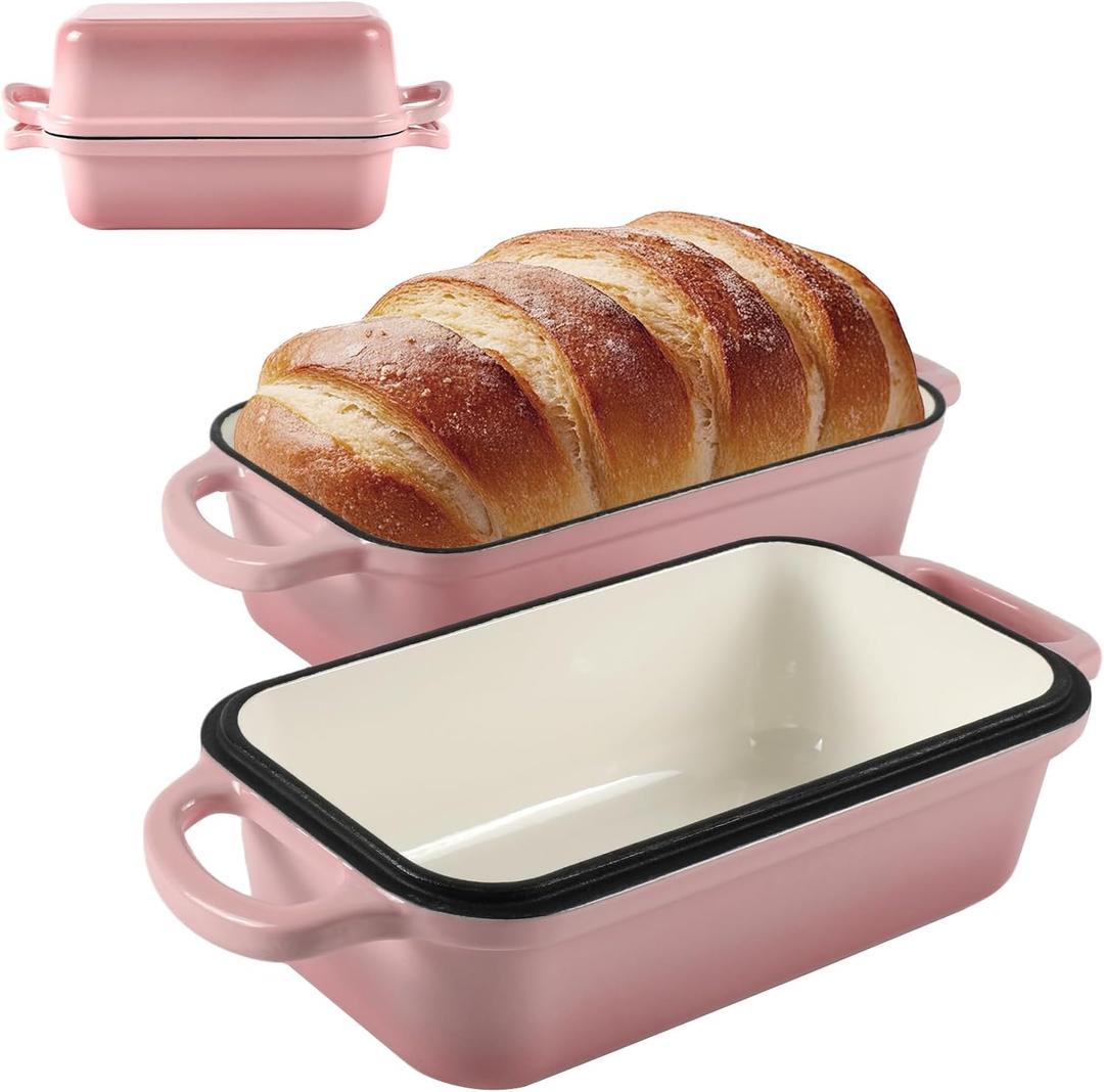 9 x 5 Inch Bread Pan Enameled Cast Iron Loaf Pan with Lid for Baking, 2 in 1 Non-stick Sourdough Bread Loaf Pan for Homemade Bread, Oven & Stovetop Safe for Gas, Electric & Induction, Pink
