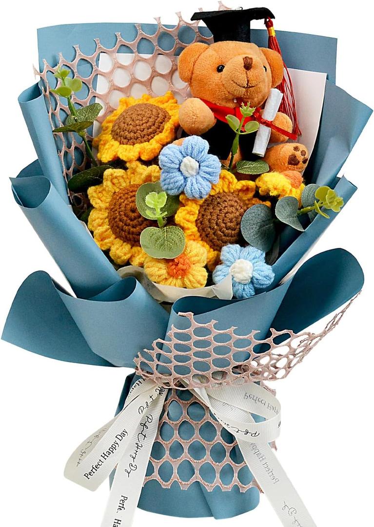 Graduation Gifts Crochet Flowers Bouquet, Handmade Sunflower Rose Bear Graduations Flower Bouquet for Birthday, Teacher Appreciation Gifts, Christmas, Home Dcor (Include Card) Blue
