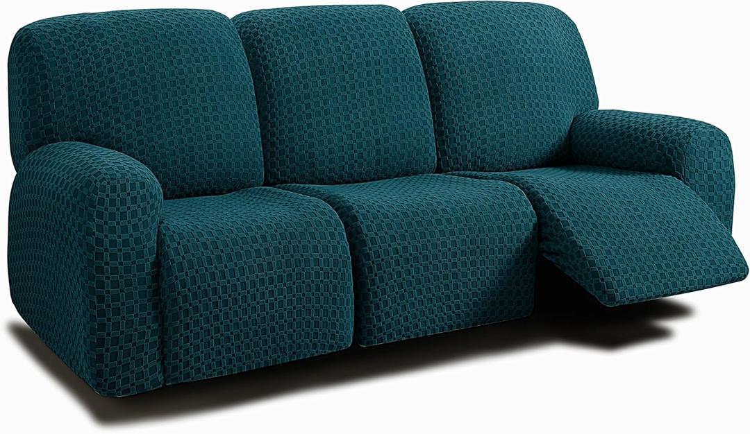 ULTICOR 8-Pieces Recliner Sofa Covers, Jacquared Stretch Couch Covers for 3 Cushion Reclining Sofa Slipcovers Thick Soft Washable (Style 2) (Deep Teal, 3 Seater Recliner Cover)