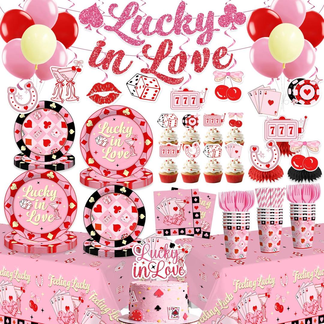 205pcs Lucky in Love Bachelorette Decorations Complete Party Set, for 25 Guests, Lucky in Love Decorations Includes Plates, Banner, Tablecloths, for Bachelorette Engagement Bridal Shower Party
