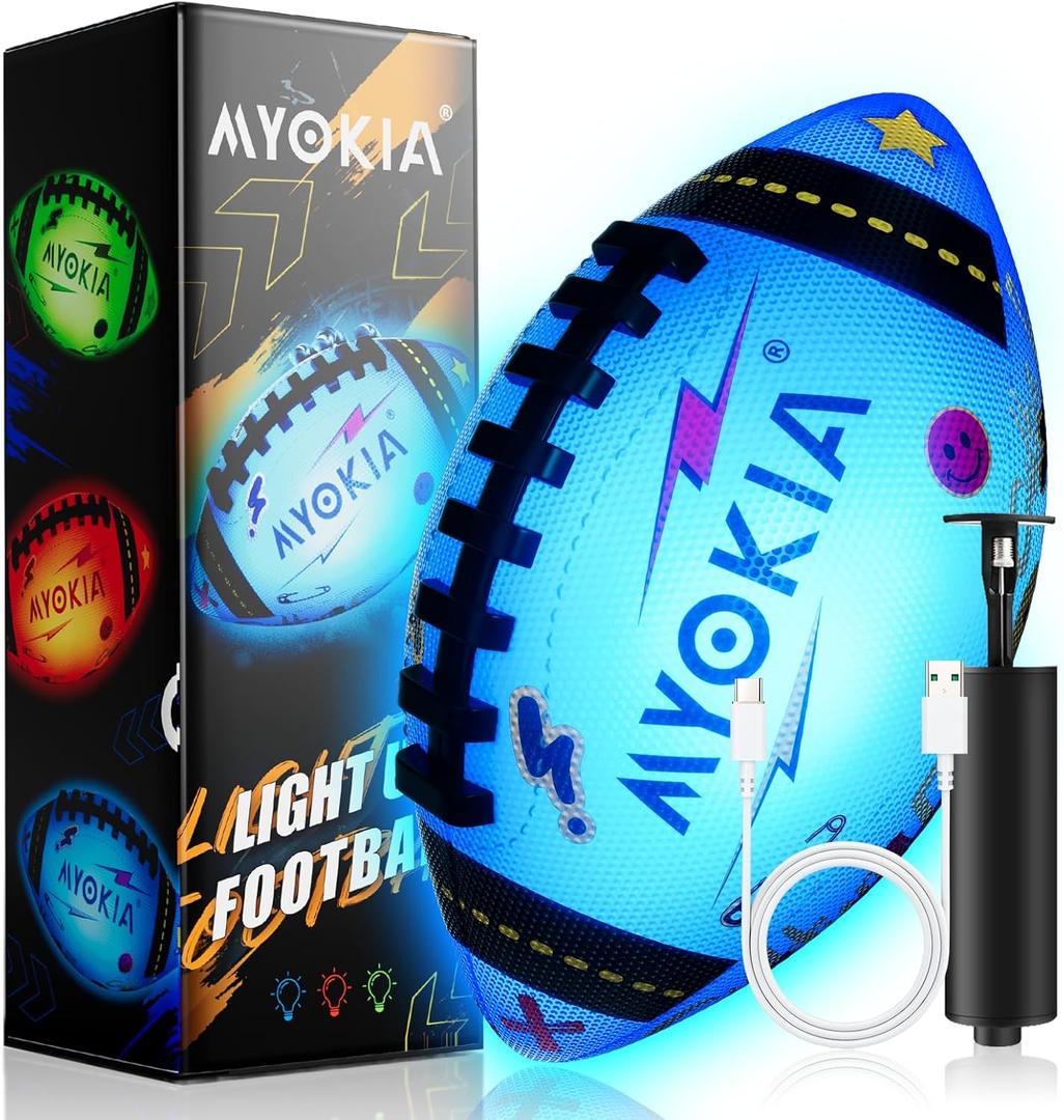 Light Up Football Birthday Gift for Kids & Teens 3-15+,RGB Rechargeable Waterproof Glow in The Dark Ball with Pump & USB Cable, Tri-Color (Red, Green, Blue), Size 6, Outdoor Night Games