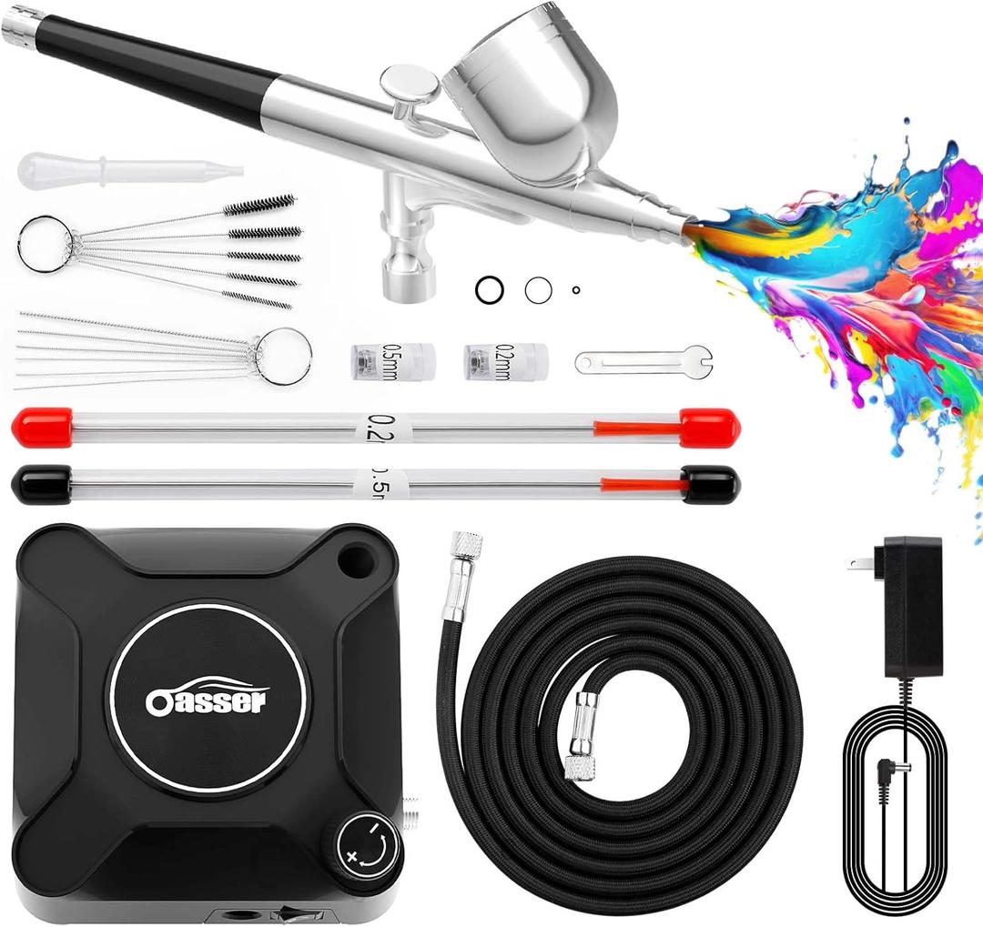 Oasser Airbrush Kit with Compressor, Dual Action 10.5L/min Auto Stop Airbrush Set, 0.2/0.3/0.5mm Nozzles 7cc Cup, 12V DC Plug-in Air Brush for Nails Makeup Model Painting Tattoo