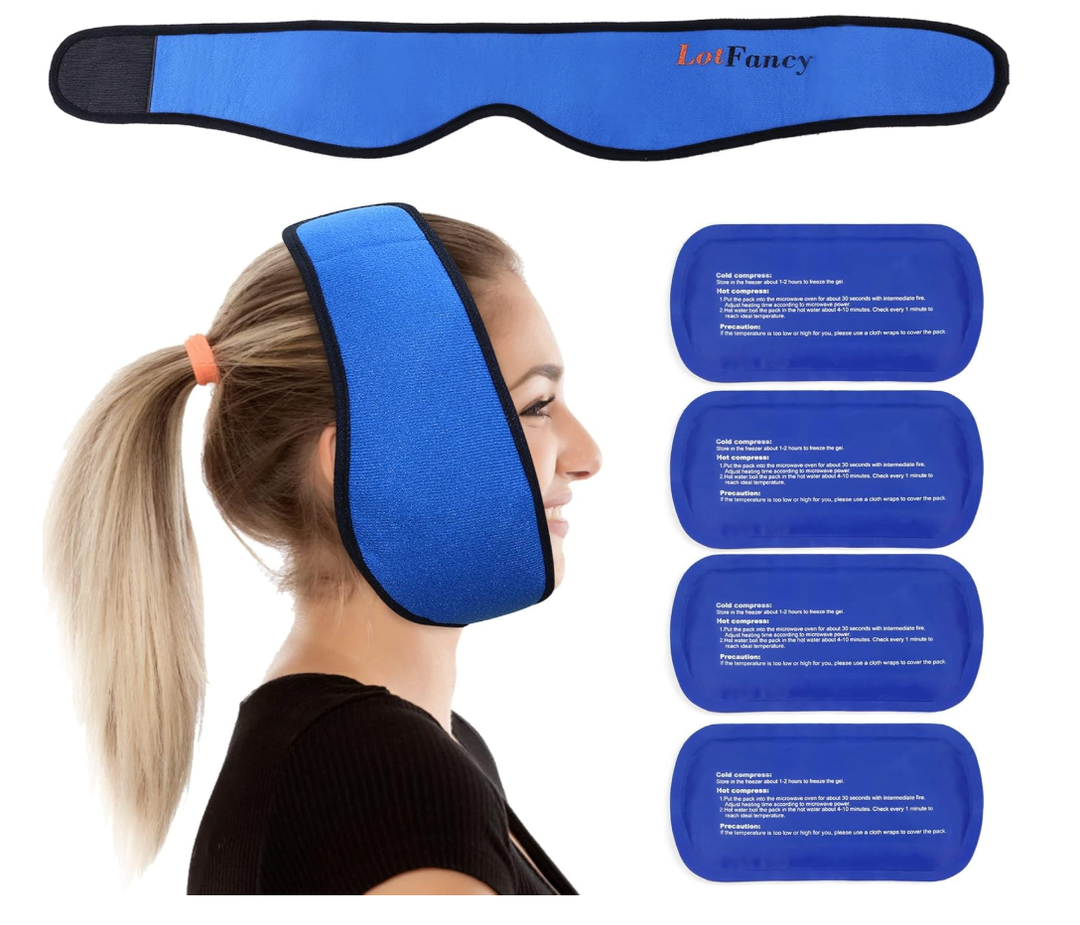 LotFancy Face Ice Pack Wrap for TMJ, Wisdom Teeth, with 4 Reusable Hot Cold Therapy Gel Packs, Pain Relief for Head, Oral and Facial Surgery, Dental Implants, Blue