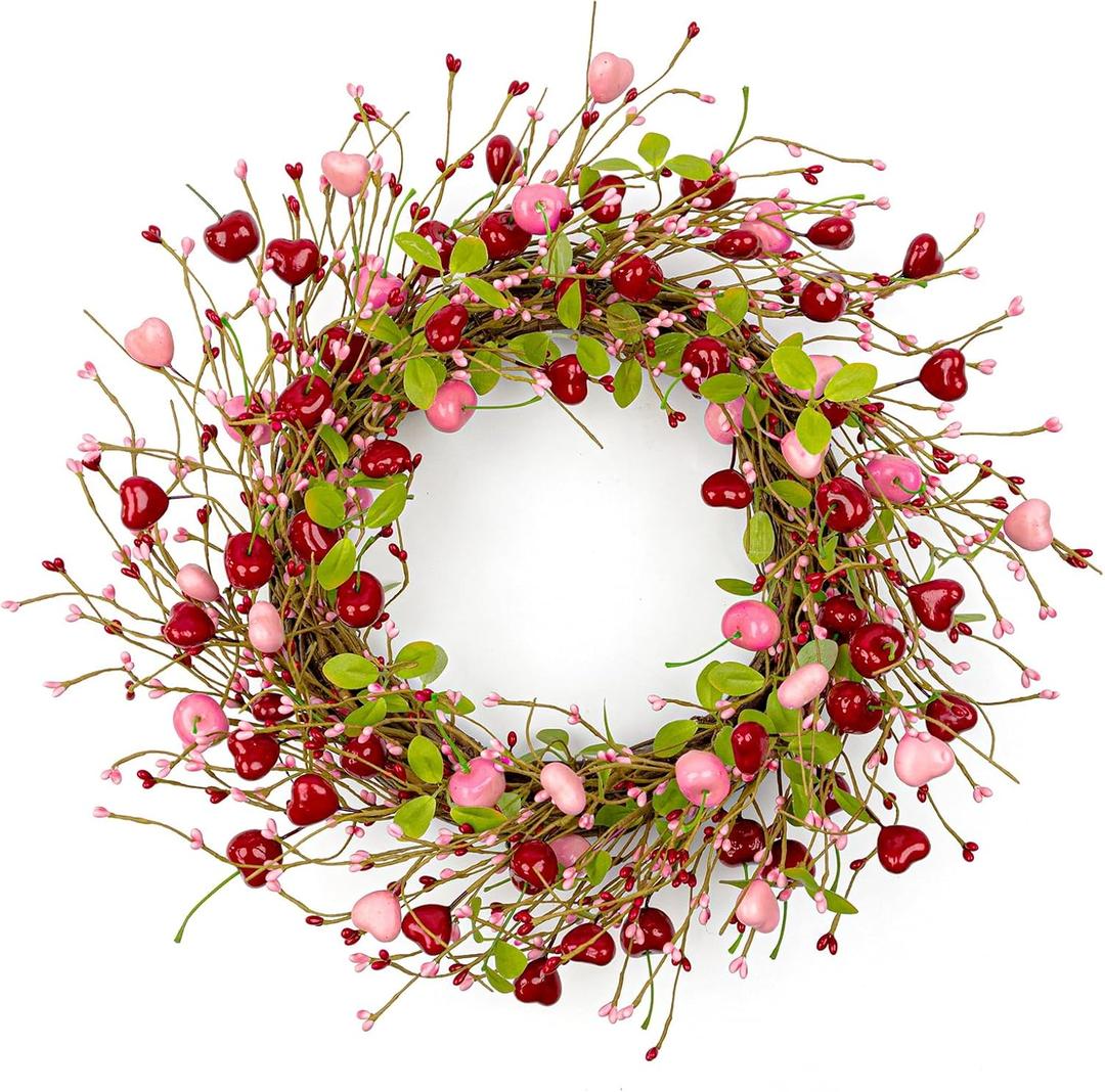 Yawwind 20 Inches Farmhouse Valentine's Day Wreath Romantic Valentines Wreaths for Front Door Rustic Valentines Door Wreath with Red Pink Heart Berry Cherry for Window Wall Wedding Porch Indoor