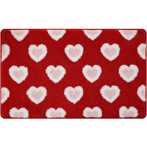 Alwoligag Valentine's Day Heart Bath Mat，Red and White Heart Shaped Bathroom Rug，Non-Slip Absorbent Soft Bath Mat for Valentine's Decor，Washable，20x32 Inches