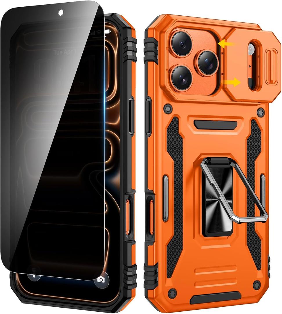 VEGO for iPhone 17 Pro Max Case, with Slide Camera Cover & Privacy Tempered Glass Screen Protector & Ring Kickstand Military Grade Heavy Duty Protection Cover for iPhone 17 ProMax - Orange