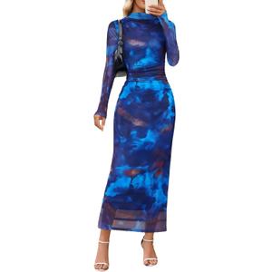MEROKEETY Women's Spring Wedding Guest Dress 2026 Long Sleeve Bodycon Floral Mesh Fall Cocktail Holiday Party Maxi Dresses, Size S, (Blue)