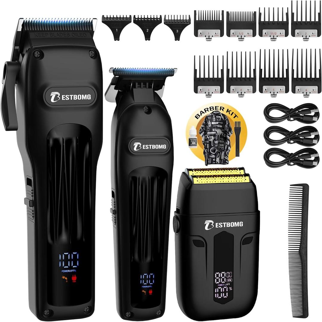 BESTBOMG Hair Clippers for Men, Professional Hair Clippers, Beard Trimmer& Rechargeable Shaver Set, Metal T-Blade, LED Display, Barber Hair Cutting Kit for Men Grooming & Gifts, BS-808A (Black)