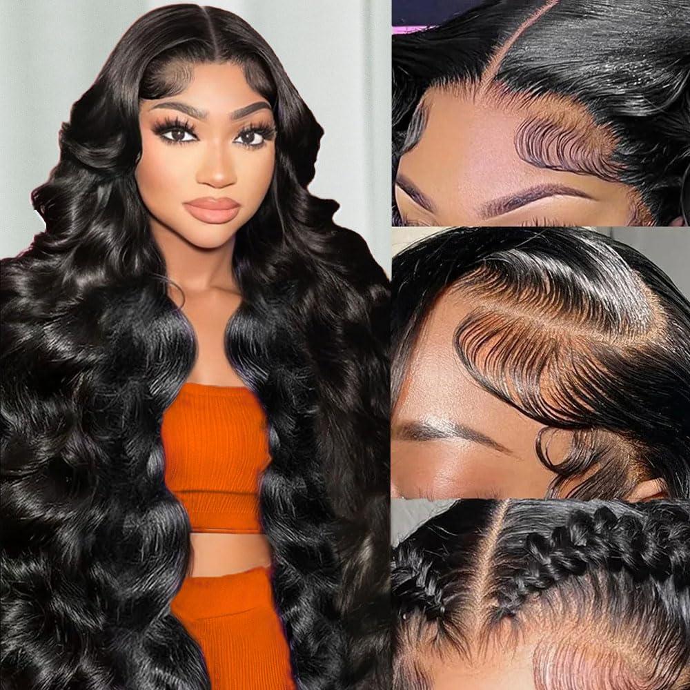 28 Inch Body Wave Lace Front Wigs Human Hair Pre Plucked 13x6 HD Lace Frontal Wigs Brazilian Virgin Human Hair 200 Density Glueless Body Wave wig with Baby Hair Natural Black