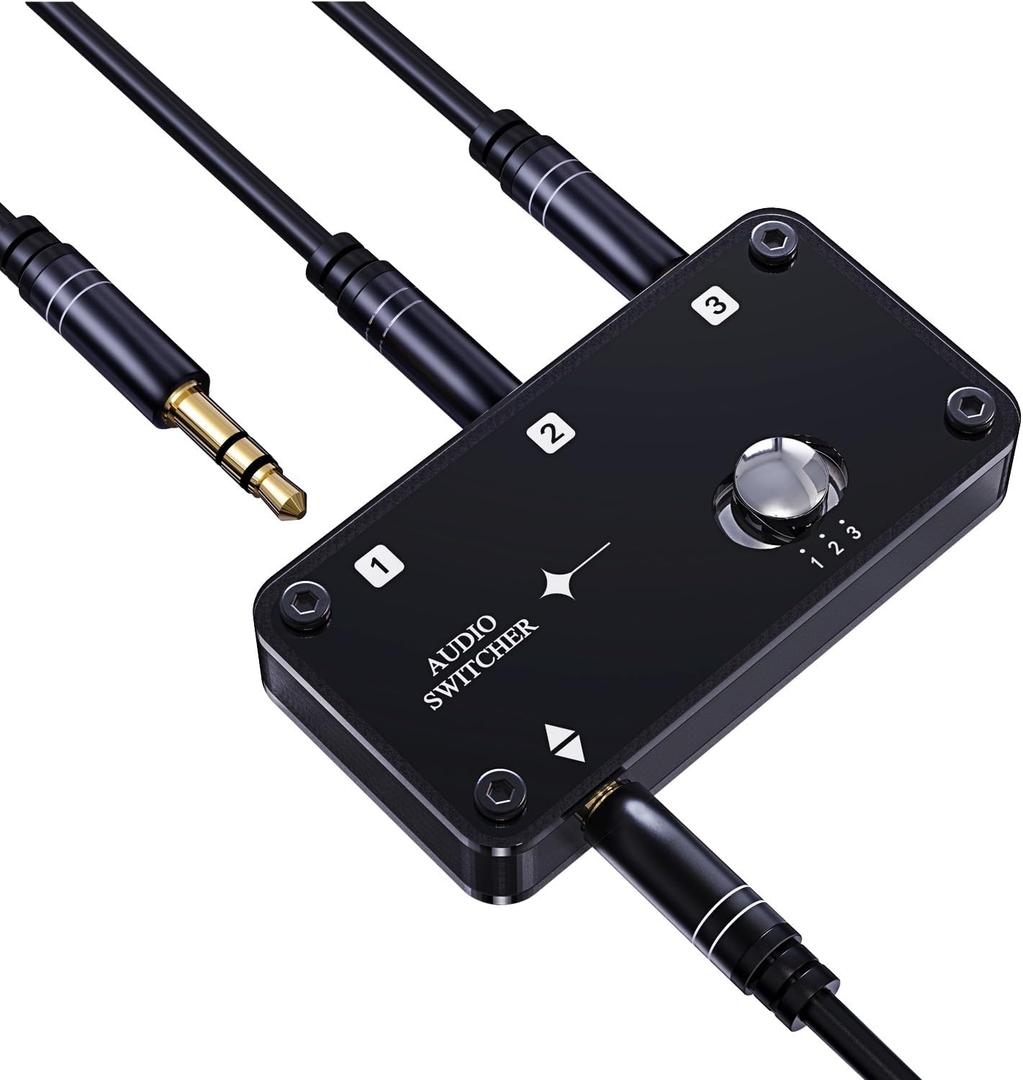 COOIDEA 3.5mm Stereo Audio Switcher Support 1 in 3 Out or 3 in 1 Out with 3.5mm Audio Cable, 3 Ports AUX Audio Speaker Selector for PC Phone Laptop Headphone