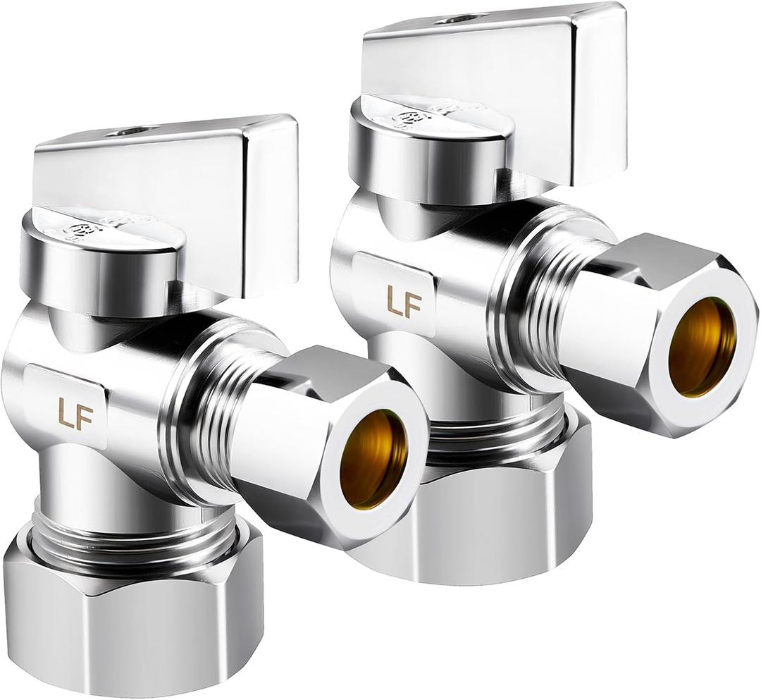 2 Pack Premium Brass (1/2" Nominal Comp) 5/8" OD Comp x 3/8 Inch OD Compression Quarter Turn Water Angle Stop Valve Shut Off