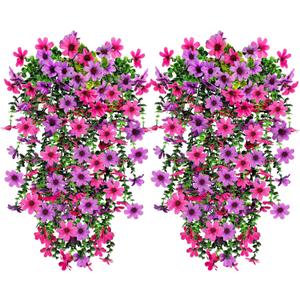 4 Pcs Artificial Fake Hanging Flowers Plants for Outdoor Decoration, Faux Daisy with Eucalyptus Leaves Fade Resistant Long Trailing Vines for Front Door Porch Balcony Patio (Light Purple Pink)