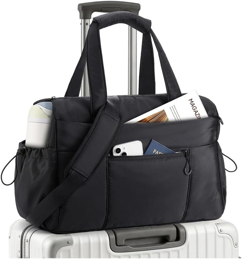 TOPEAST Weekender Bag for Women, Lightweight Puffer Travel Duffle Carry On Bag with Wet Pocket & 40oz Tumbler Pocket, Airline Approved Personal Item Overnight Bag, Black, Large
