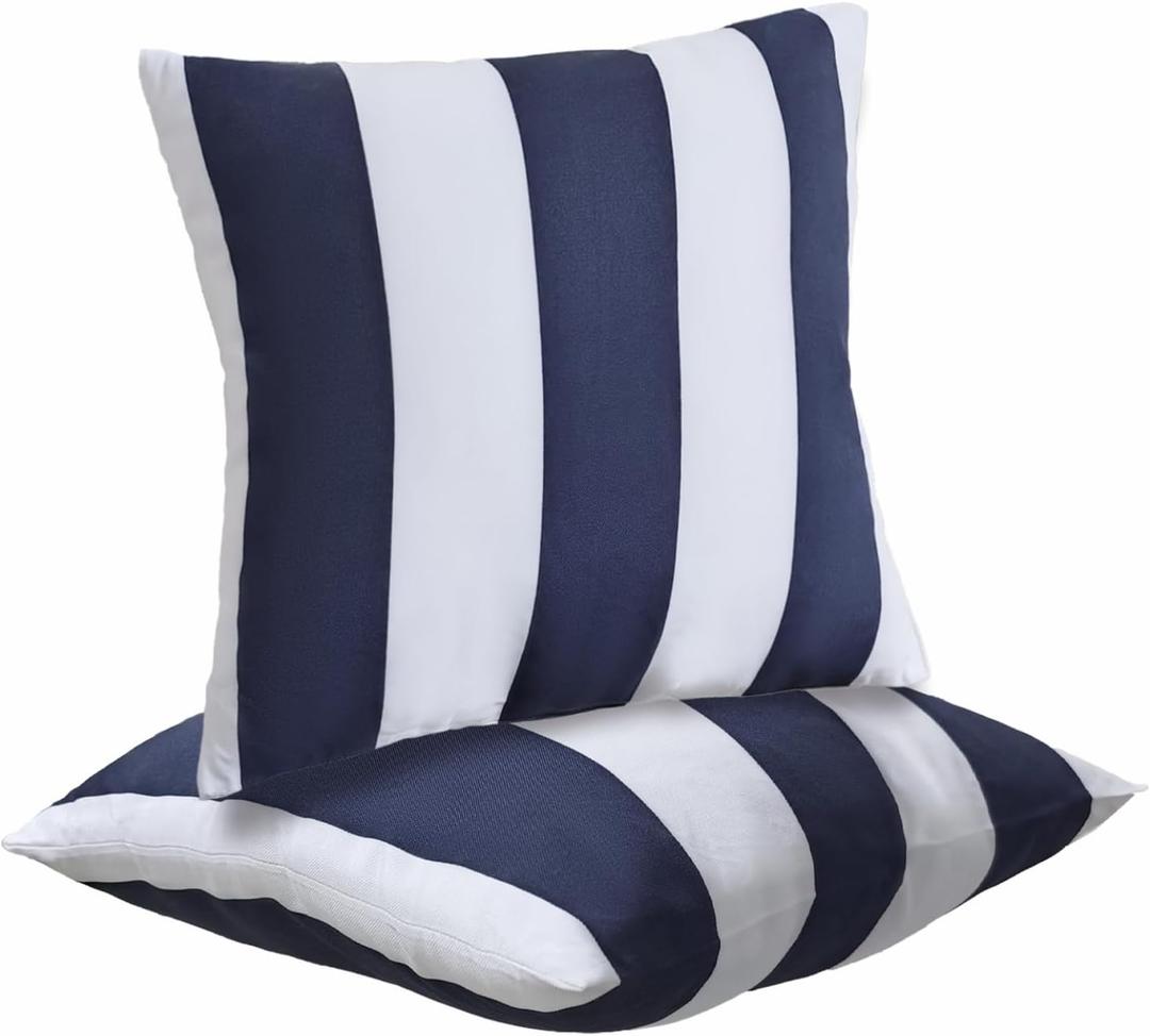 JMGBird Pack of 2 Decorative Pillows with Inserts - 18x18 Water-Resistant Navy Blue with White Stripe Outdoor Throw Pillows for Patio Furniture, Couch, Bed
