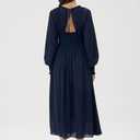 Long Sleeve Chiffon Midi Dresses Cut Out Back Sexy V Neck Smocked Waist Fall Wedding Guest Dress with Pockets