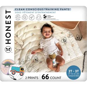 The Honest Company Clean Conscious Training Pants for Sensitive Skin, Hypoallergenic, Fragrance-Free, Rompin' & Stompin' Diggin' It Size 2T/3T (Up To 34 Lbs), 66 Count