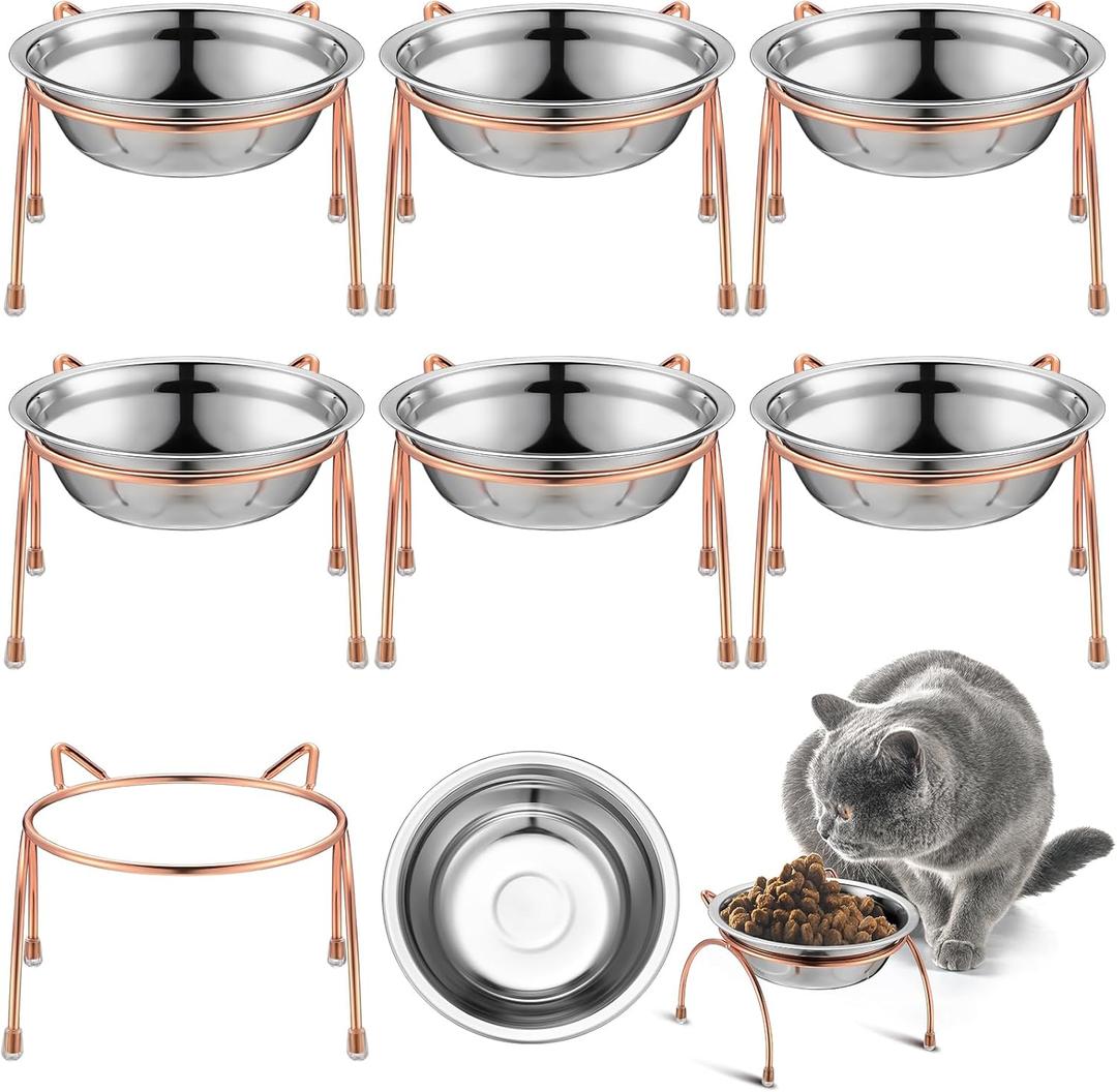 6 Sets Stainless Steel Elevated Cat Bowls 5.5 Inch Wide Raised Cat Bowls with Metal Stand Stress Free Elevated Shallow Water Dish Indoor Kitten Feeding Dish to Prevent Fatigue, 12 oz
