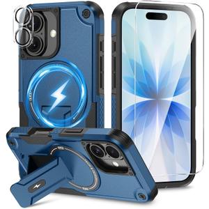 3 in 1 for iPhone 17 Case [Compatible with MagSafe] [Invisible Kickstand] [HD Screen Protector] [Camera Lens Protector], Protective Magnetic Phone Cover for iPhone 17 (Blue)
