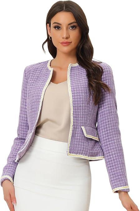 Allegra K Women's Christmas Plaid Tweed Blazer Long Sleeve Open Front Work Office Short Jacket, S
