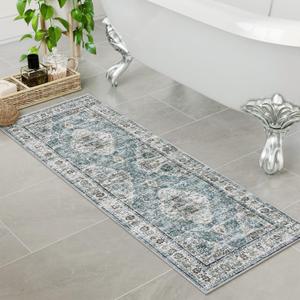 Uphome Bathroom Rugs Runner, Distressed Farmhouse Boho Blue Bath Mat, Non Slip Washable Long Bath Rugs, Vintage Traditonal Soft Velvet Bathroom Runner for Bathtub Sink Shower, 18x47 inch