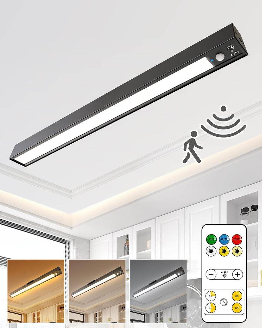 Rechargeable Motion Sensor Ceiling Light, Full Metal Battery Powered LED Closet Light, 3 Color 500LM Dimmable with Remote & Timer, Magnetic Cordless Mount for Shower, Hallway, Garage, Pantry -Black, 16'' Ceiling