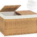 Storage Basket with Lid Rattan Storage Basket with 2 Separate Lid, 27.8 Gallon (105 L) 25.2 * 15.4 * 16.1 Inches Woven Wicker Baskets with 2 Liners and Handles for Bedroom Laundry-Natural