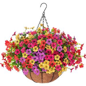 Orgrimmar Artificial Hanging Flowers Basket Outdoor Fake Hanging Plants UV Resistant Realistic Silk Flowers Eucalyptus in Coconut Lining Baskets for Home Porch Balcony Patio Yard Muti-Color