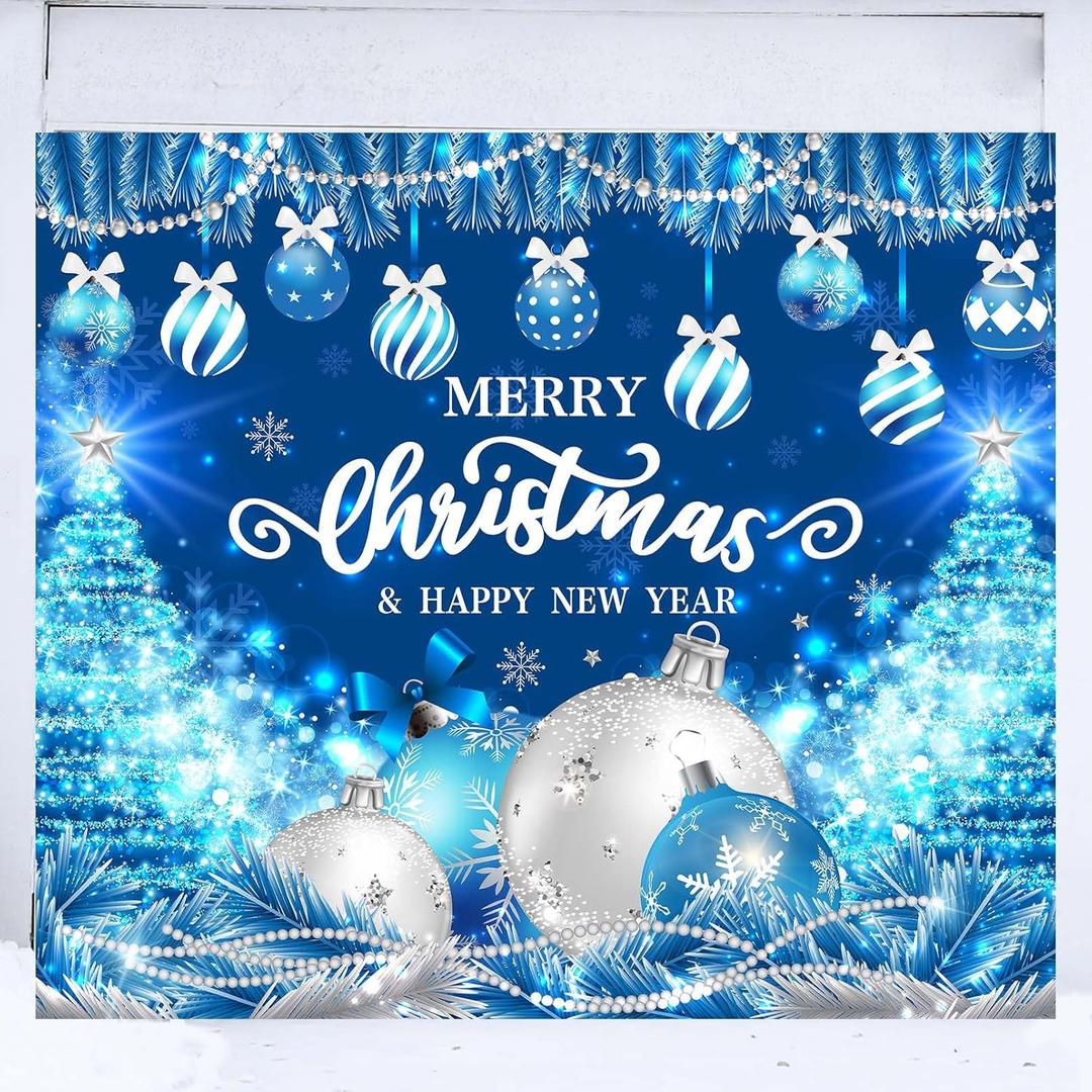 Blue Garage Door Christmas Cover Decorations: Xmas Balls Banner 7x8ft, Merry Christmas & Happy New Year Backdrop for Photography, Parties & Indoor/Outdoor Use