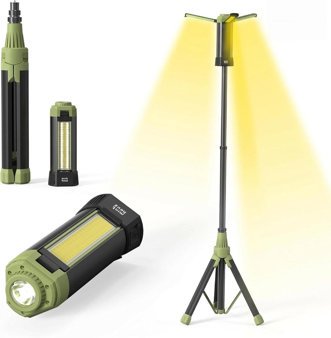 Minthouz Telescopic Portable Camping Light, 9000mAh Rechargeable Lantern | 3 LED Lamp Heads, 270°/180° Rotation, Magnetic Emergency Flashlight with Detachable Tripod, IPX4 Waterproof Outdoor