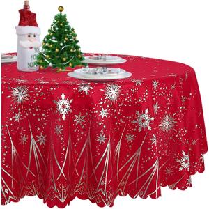 LUSHVIDA Christmas Round Table Cloth  Washable Water Resistance Holiday Microfiber Tablecloth Decorative Table Cover for Banquet Party Kitchen Dining Room, 60 Inch (Snow-foil Print)