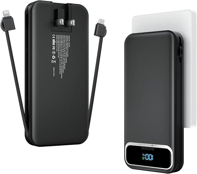 12000mAh Lightweight-Portable-Charger-Power-Bank with Built-in Cables and AC Wall Plug, PD20W USB-C Fast Charging Battery Pack, LED Display External Travel Phone Charger for All iPhone,Samsung,Android (Black)