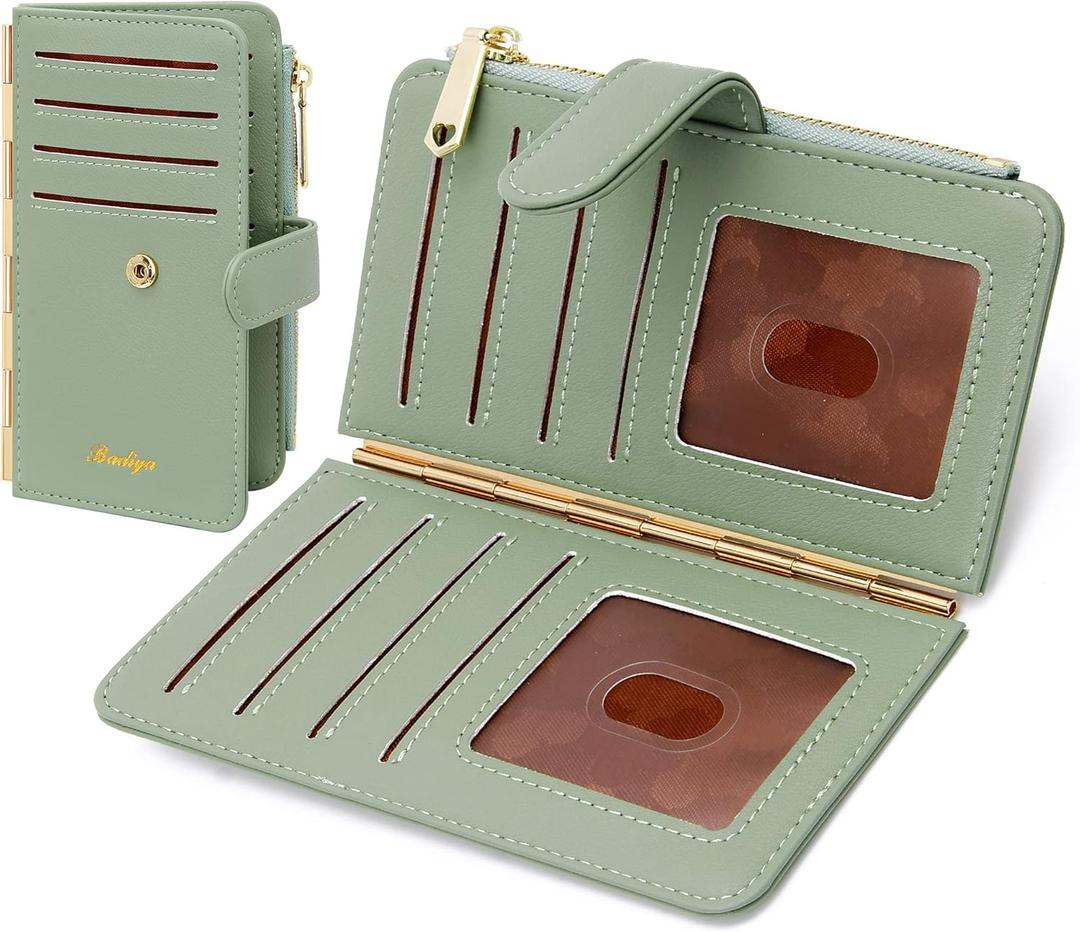 Badiya Credit Card Holder for Women RFID Blocking Slim Wallet Bifold Multi Card Case Zipper Pocket with 3 ID Window (Green)