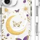 for iPhone 17 Case, Clear with Moon Butterfly Flowers Pattern Compatible with Magsafe Soft Protective Case for Women Girl (White)