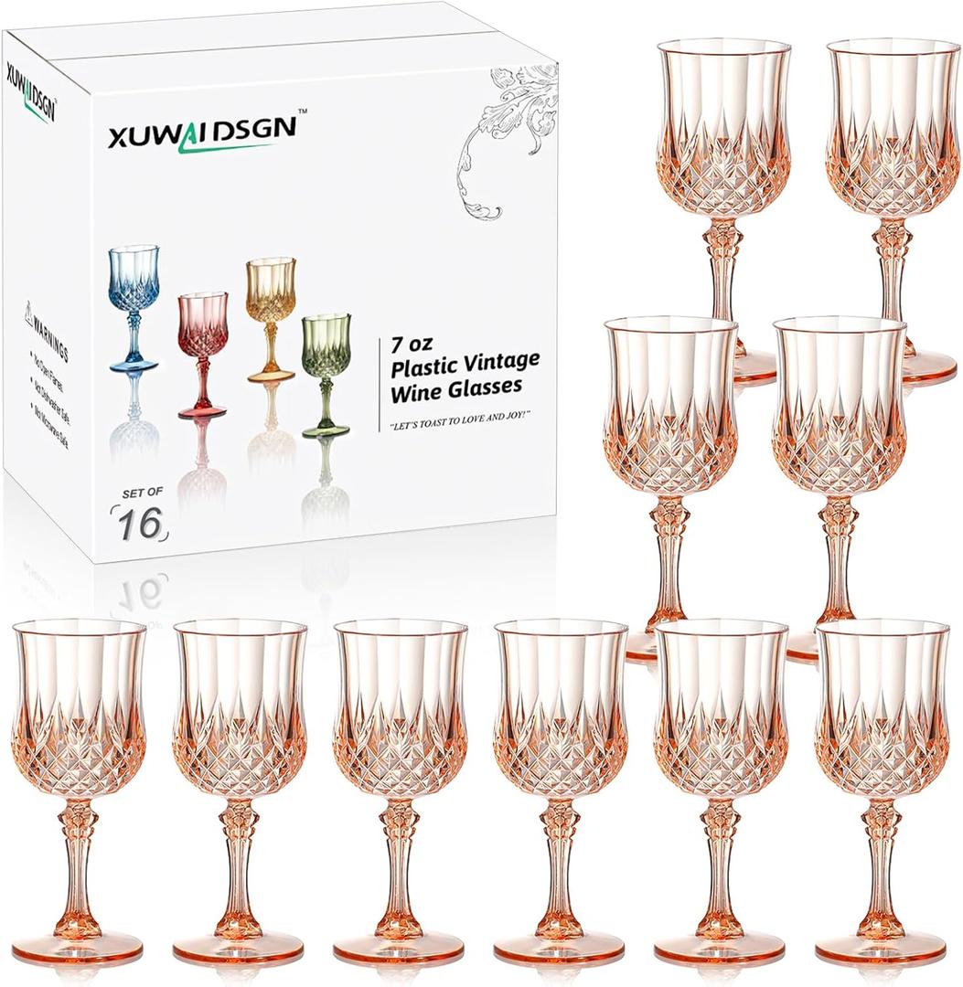XUWAIDSGN 16 Pcs 7oz Plastic Vintage Wine Glasses Drinking Glasses Unbreakable Wedding Glassware Crystal Water Goblets Reusable Drinkware Vintage Champagne Flutes (16, Pink)
