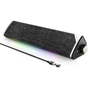 SOULION R60 Bluetooth Computer Speakers, USB Plug-N-Play PC Speakers with LED Dynamic Light, Surround Sound Soundbar Speaker with Rotary Switch for Desktop Laptop (USB-C to USB Adapter Included)