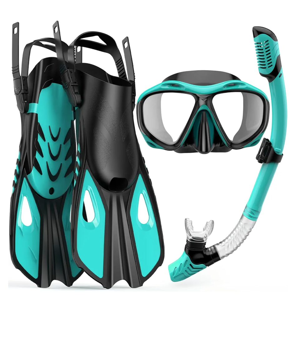 Snorkeling Gear for Adults Men Women, 3 in 1 Snorkel Set with Panoramic View Diving Mask Anti-Fog Anti-Leak, Snorkel Mask Dry Top Snorkel Fins for Swimming, Snorkeling and Travel Diving