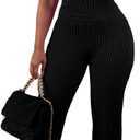 HBQ Womens 2 Piece Outfit Ribbed Short Sleeve V Neck Polo Top Flare Pants Casual Lounge Sets Tracksuit, Large