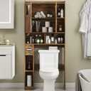 Vabches Over The Toilet Storage Cabinet, Bathroom Shelf Over Toilet with Glass Doors and Adjustable Shelves, Brown Freestanding Home Space Save Toilet Rack, for Restroom, Bathroom, Laundry, W31.69''