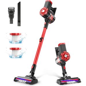 Cordless Vacuum Cleaner, Powerful Suction Stick Vacuum with 35min Long Runtime Detachable Battery, 6 in 1 Lightweight Quiet Vacuum Cleaner Perfect for Hardwood Floor & Carpet Pet Hair, W100 (Red)