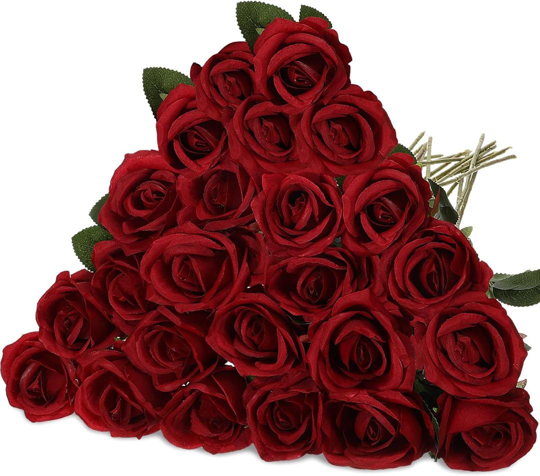 Hotop 20 Pcs Artificial Rose Flowers with Long Stem,Real Touch Silk Realistic Plastic Bouquet Roses Bulk for Home Decor Bridal Wedding Party Table Centerpieces Decorations(Wine Red)
