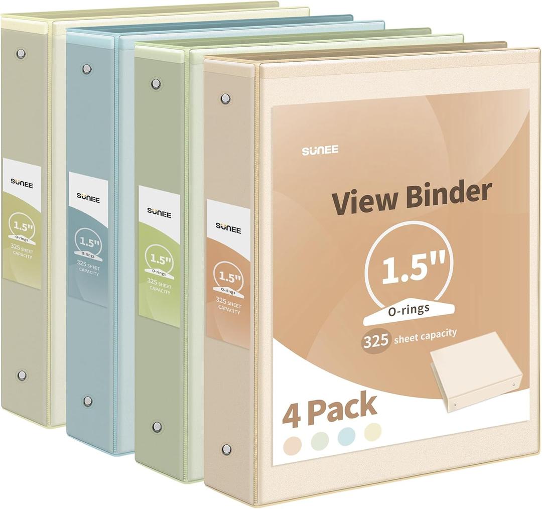 SUNEE 3 Ring Binder 1.5 Inch 4 Pack, Clear 1 1/2 Inch View Binders Three Ring PVC-Free (Fit 8.5x11 Inches) for School or Office Supplies, Neutral Aesthetic Binder