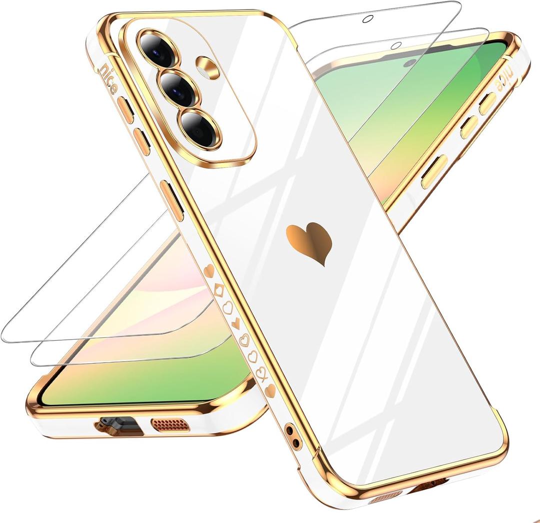LeYi for Samsung A57-5G Case: with Tempered Glass Screen Protector [2 Pcs]+ Full Camera Lens Protection,Love Heart Plating Women Cute Luxury Soft TPU Shockproof Case,White